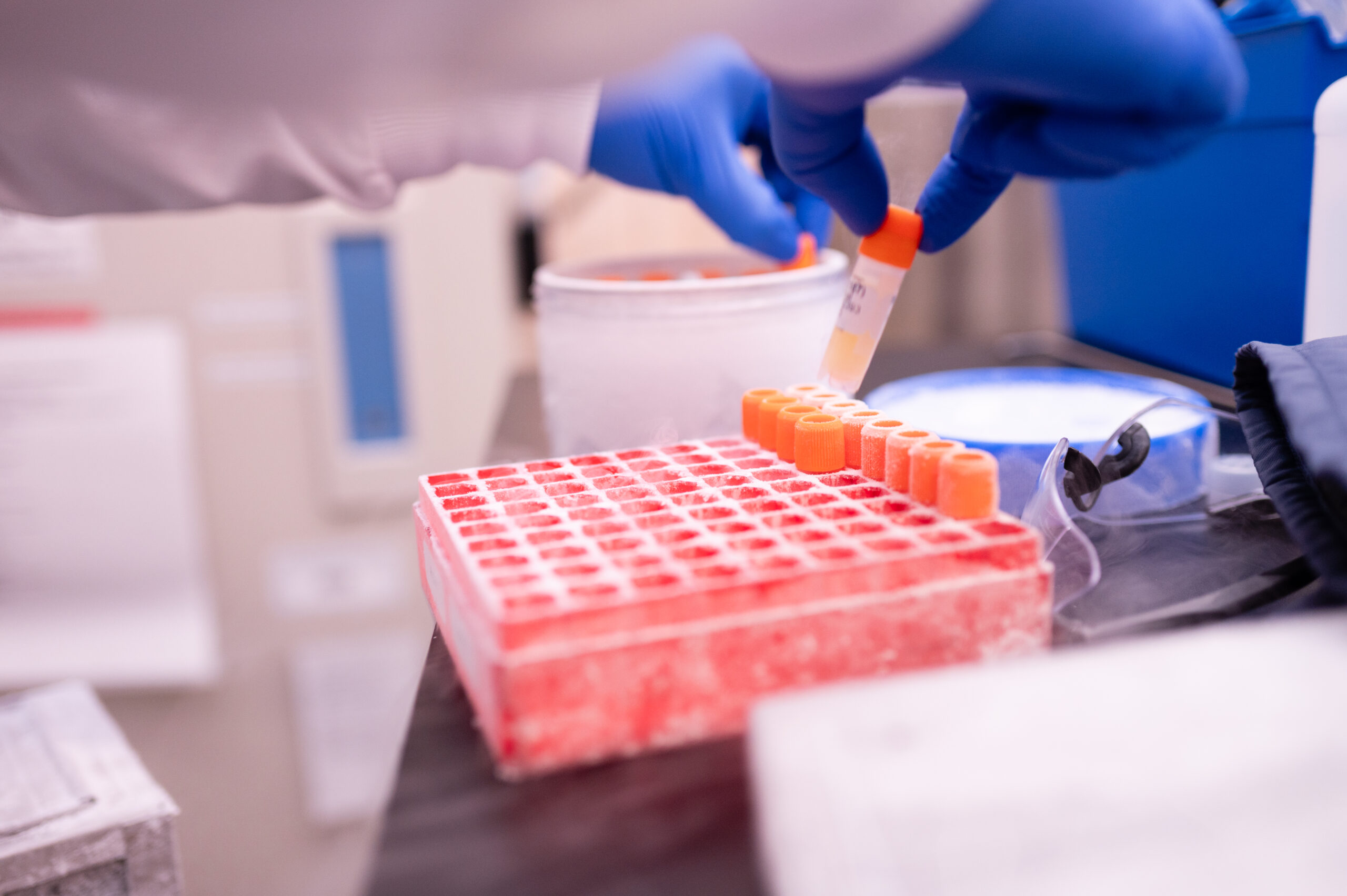 Close-up of gloved scientist handling frozen sample tubes