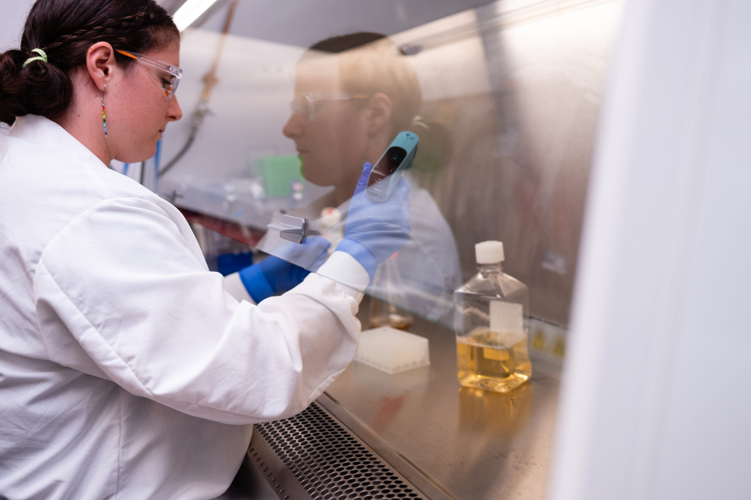 Scientist working in a biosafety cabinet with a pipette and cell culture media.